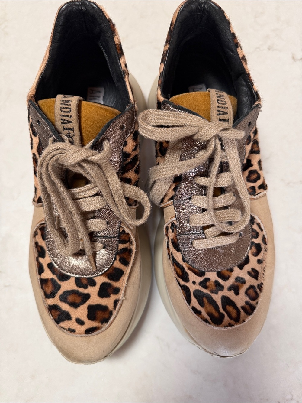 Ash Leopard Print Low-Top Sneakers with Metallic Accents - Tan/Gold/Black